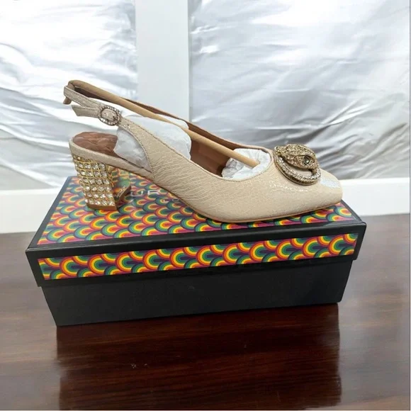 Cream Slingback Heels with Embellished Block Heel - Picture 8 of 10